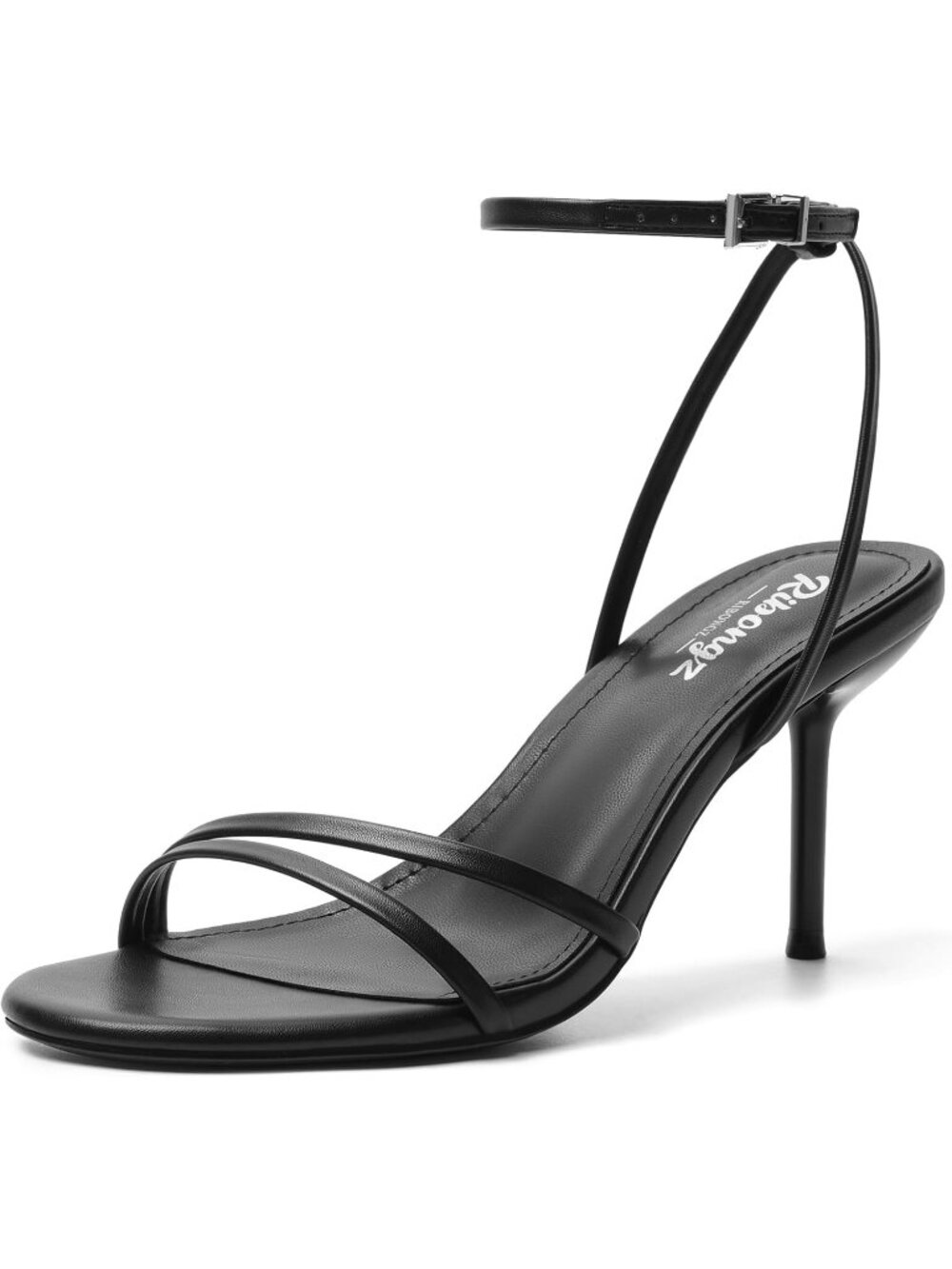 Women's Black Round Open Toe Strappy Stiletto Heels with Ankle Strap Sandals
